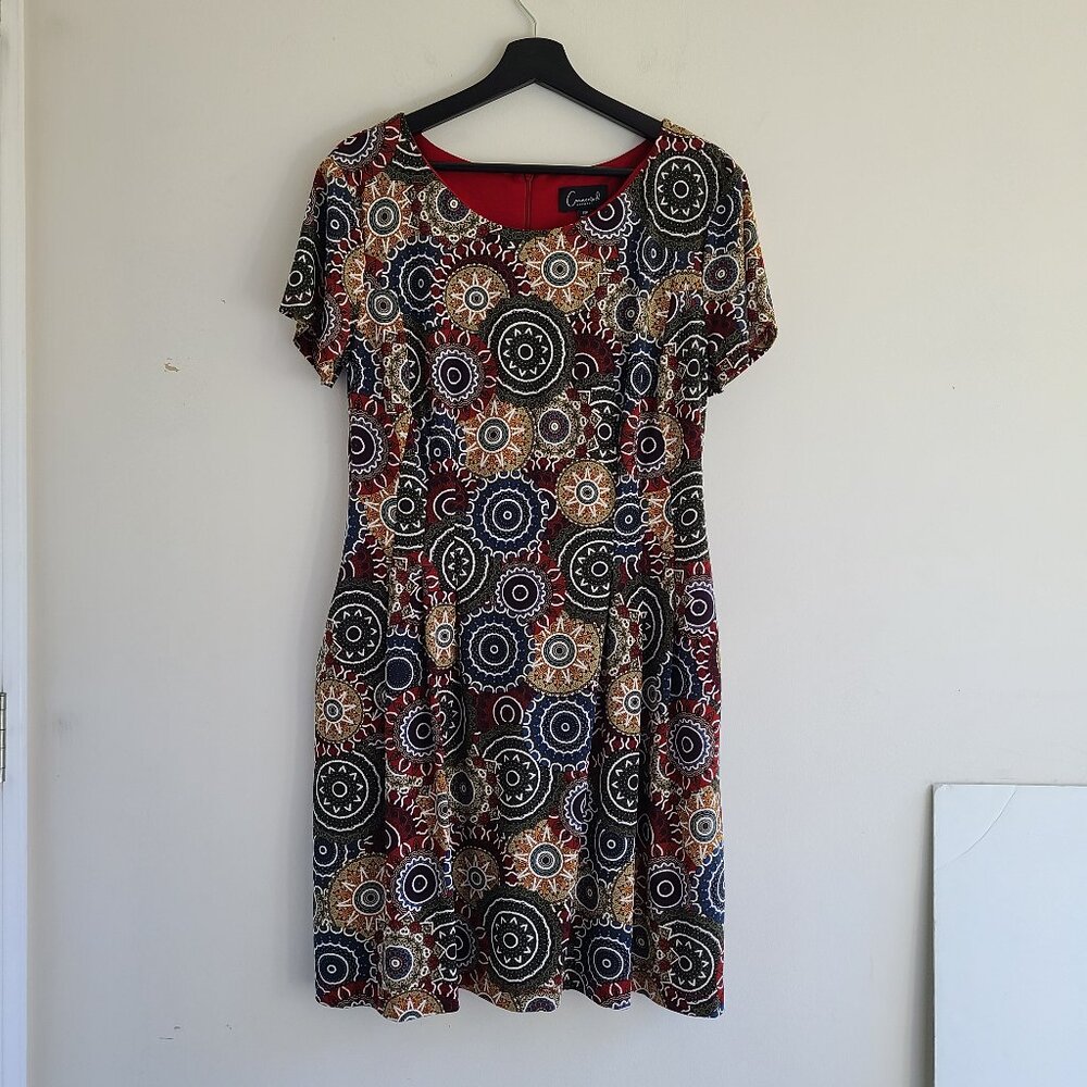Connected Apparel Sheath Print Dress 12P Petite Pockets Knee Swirls Multi